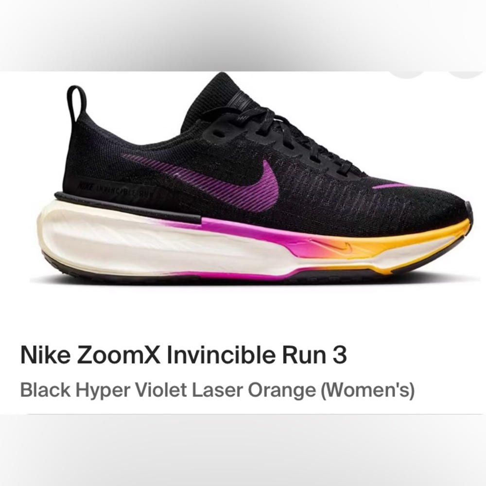 Women’s Nike ZoomX Invincible Run 3. Black Hyper Violet Laser Orange. Size 6.